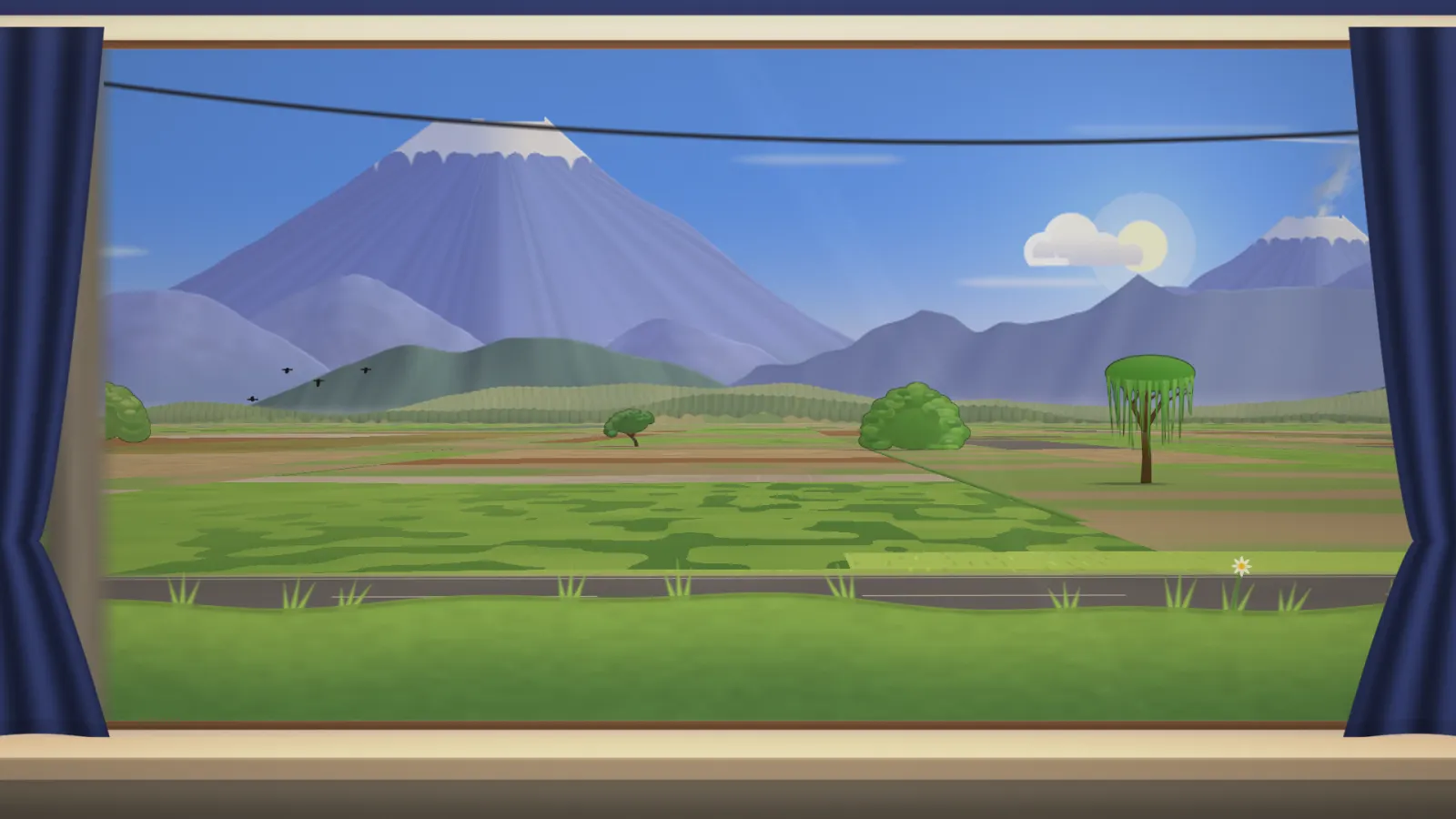 Rice paddies stretching toward a snow-capped volcano, seen through a window with navy curtains.