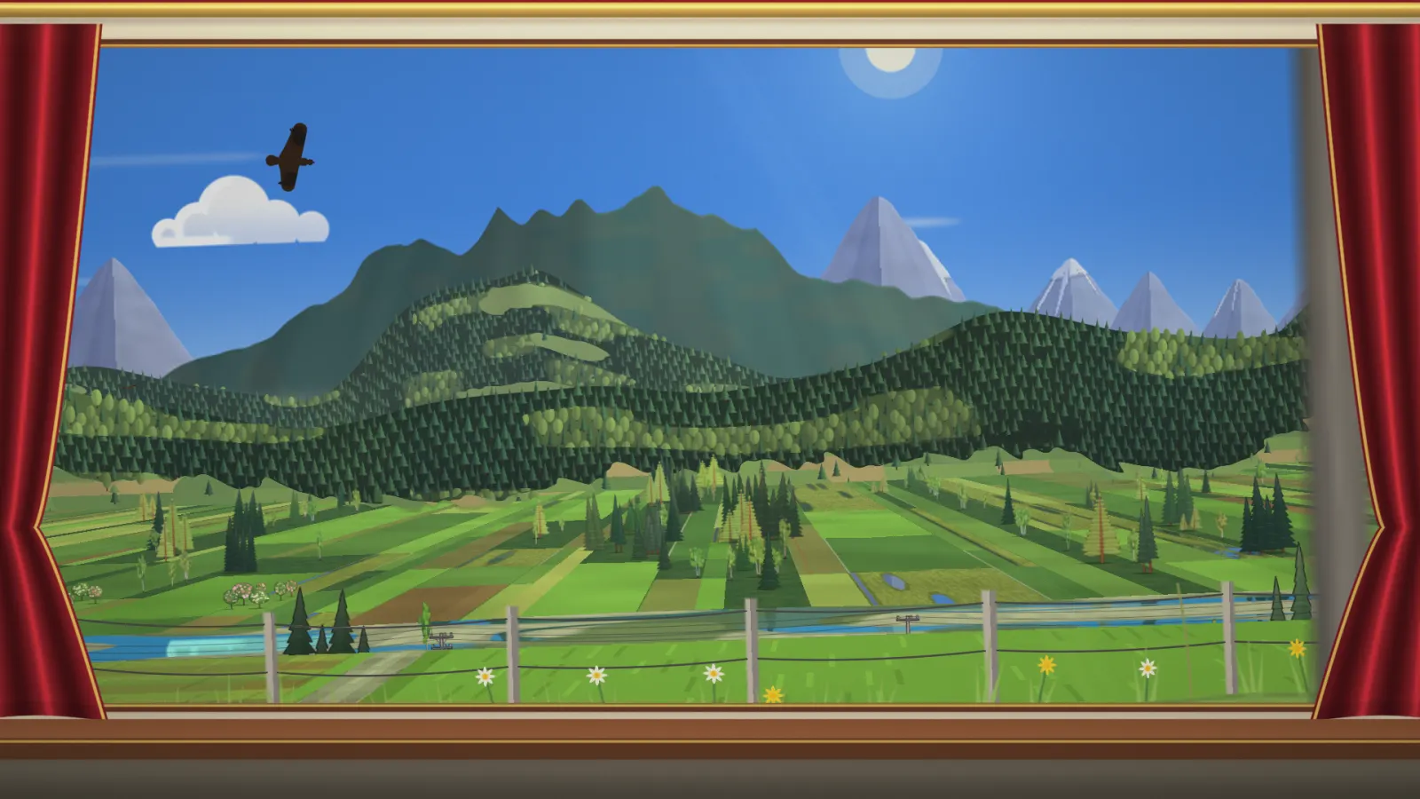 A train window framed by red velvet curtains, looking out over green Alpine farmland, forest and snow-capped peaks under a blue sky.