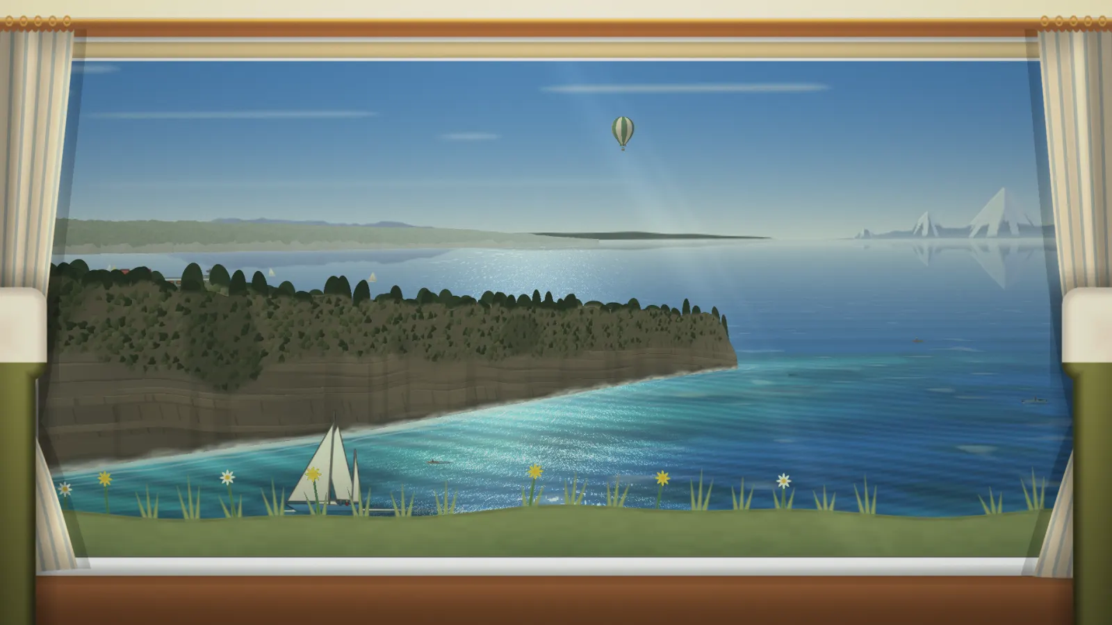 A wooded headland running out into a calm blue sea, with a small sailboat and a hot-air balloon.