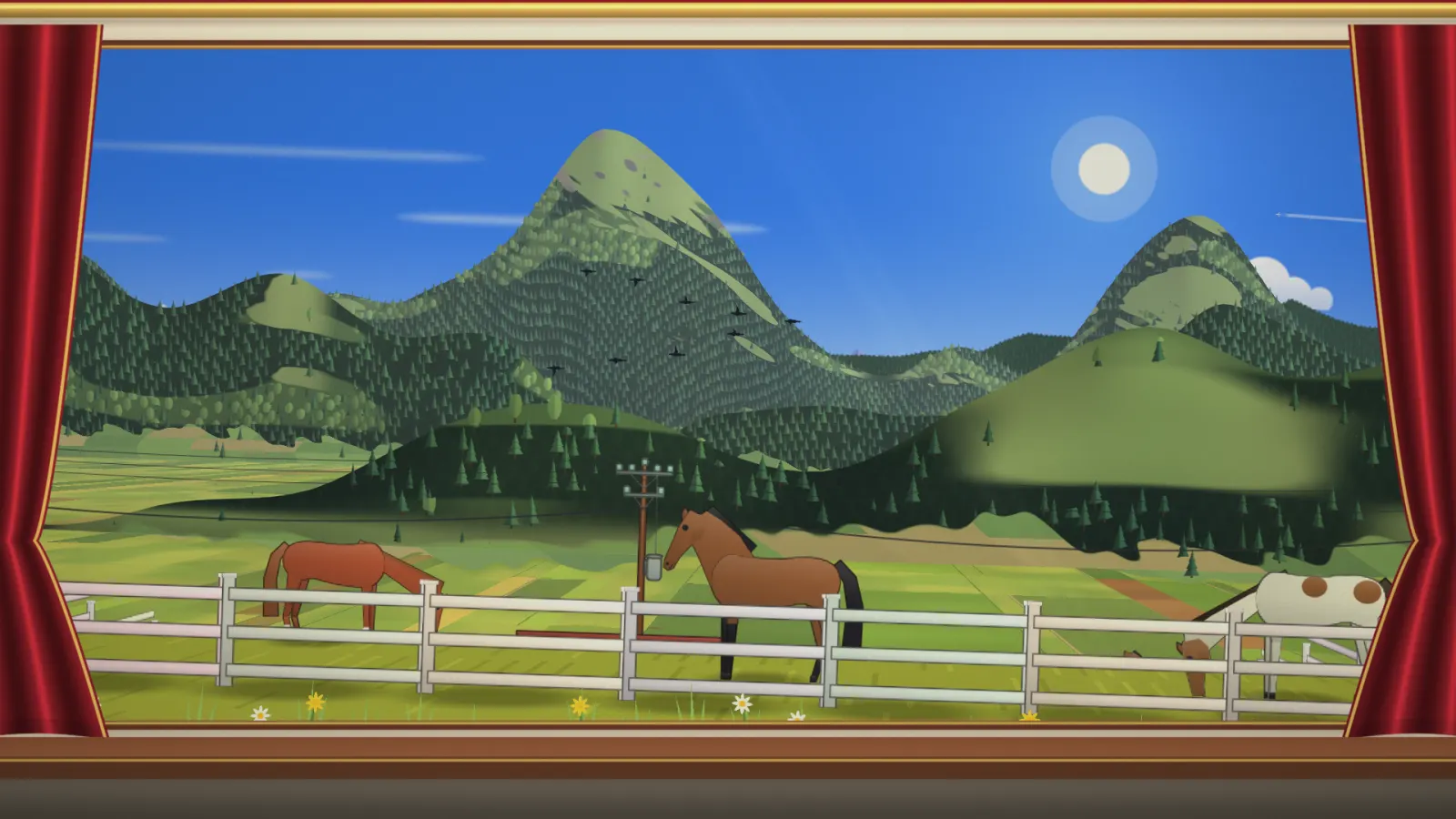 Horses behind a white ranch fence in green foothills, framed by red curtains.